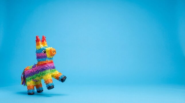 Colorful donkey pinata standing on a blue background for a fiesta party