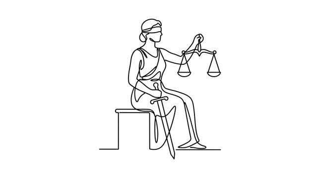 Continuous one line drawing of Themis lady justice holding scales and sword.