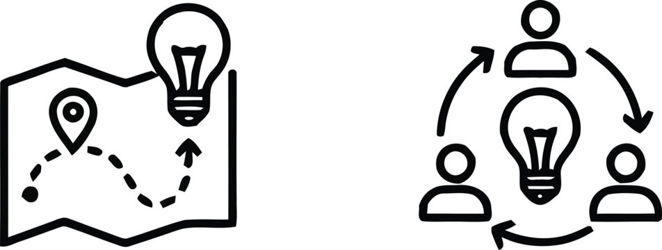 Project Roadmap and Team Collaboration Icon Set with Business Strategy Map Pathway and Brainstorming People for Corporate Planning Success Milestones and Creative Problem Solving Leadership
