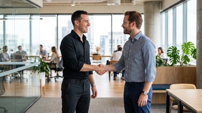 Two businessmen shaking hands in a modern office environment, celebrating a successful deal.