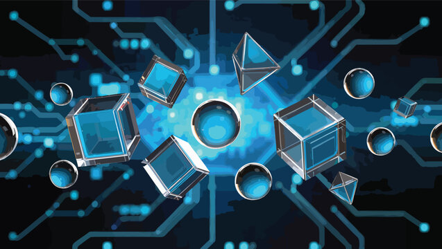 Geometric shapes and spheres floating on a digital circuit board background with blue glow cubes octahedrons.