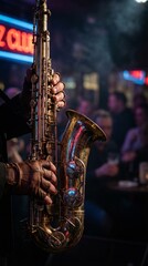 Obraz premium Saxophonist performing in a jazz club, holding a brass saxophone with a smoky atmosphere, audience visible in the background enjoying the music