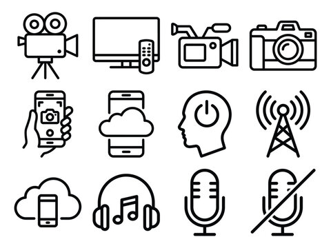 Technology and media icons including cameras phones audio devices with camera recorder remote control power button