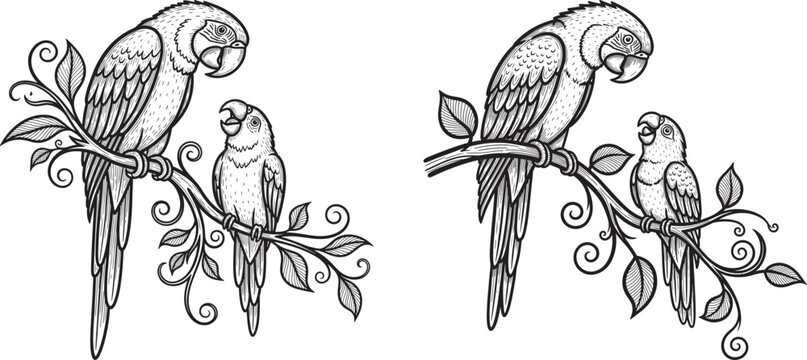 Two parrots perched on a branch with leaves sketch style black and white illustration wildlife tropical decorative silhouette