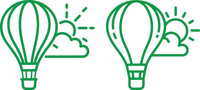 Pair of green outline hot air balloons flying in sunny sky with clouds transport illustration adventure recreation activity aerostat