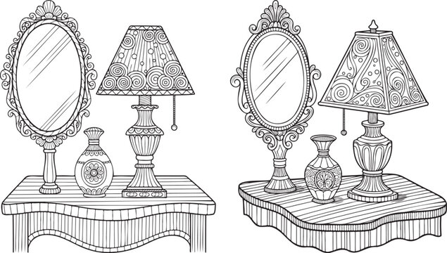 Vintage vanity table with decorative lamps and mirrors dressing table home decor hand drawn black and white perfume bottle decorative interior