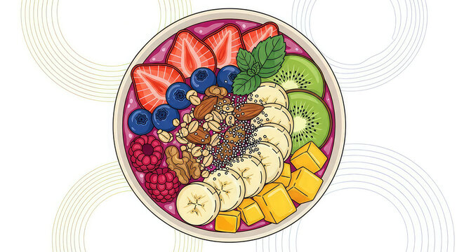A vibrant and healthy fruit bowl filled with various colorful ingredients