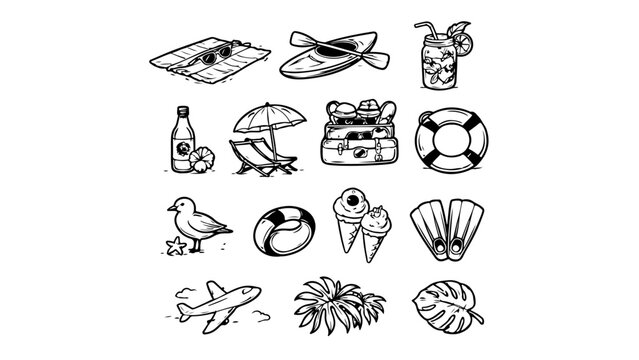vector set of summer accessories,set of summer icons,PNG transparent background 