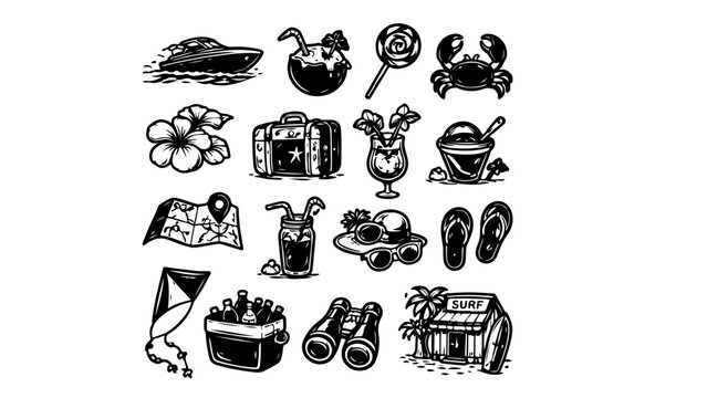 vector set of summer accessories,set of summer icons,PNG transparent background 