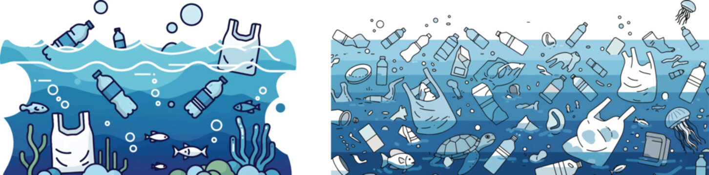 Ocean plastic pollution vector illustration, underwater sea waste and garbage floating in blue water, environmental ecological disaster background