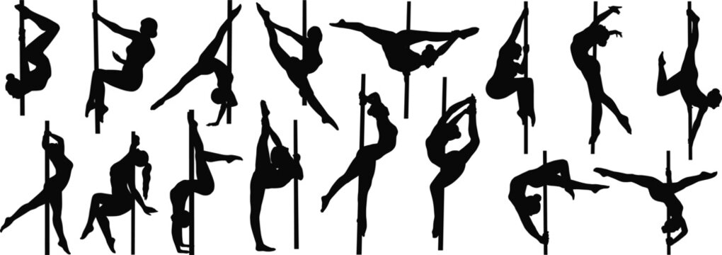 Set of pole dancer silhouettes, gymnastic and fitness dance poses, female acrobatic performers isolated on white background.