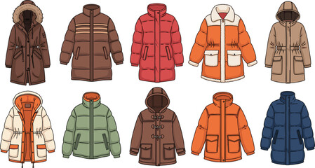 Winter jackets vector illustration set with puffer coats and hooded outerwear, warm stylish clothing collection for cold season fashion isolated on white background © Momota