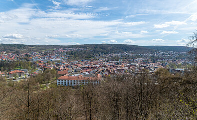 Fototapeta premium Beautiful view of the historic town of Meiningen in Thuringia, Germany. Known for its cultural heritage, the town features elegant architecture, the impressive Elisabethenburg Palace.