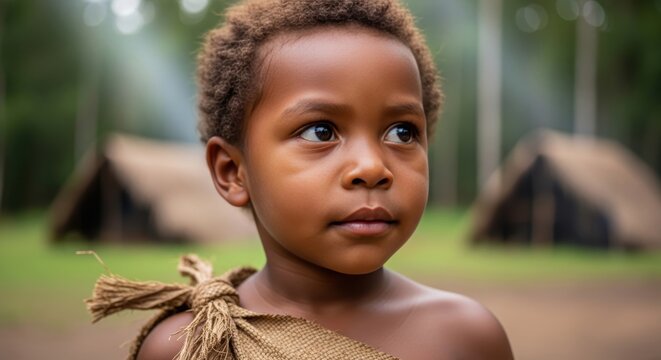 Baka young boy, Central African rainforest Cameroon, innocent and curious, traditional bark cloth garment, close-up portrait