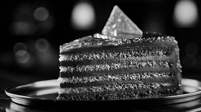 Slice of Dobos torte cake in black and white with dramatic lighting