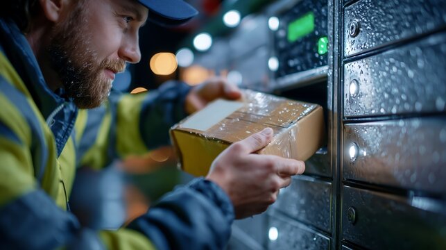 Night delivery worker placing a parcel into a glowing street pickup locker