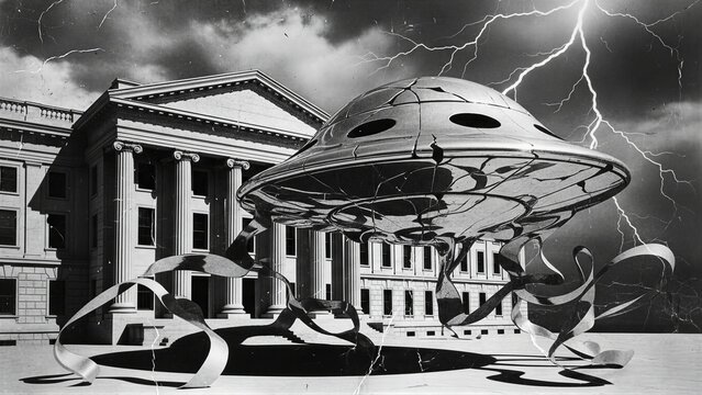 Unidentified flying object hovering over government building during lightning storm. Retro sci-fi poster portraying alien craft invasion. Cinematic mystery and paranormal phenomenon imagery.