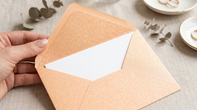 Hand Holding Open Light Orange Envelope with White Card Inside for Wedding Invitation