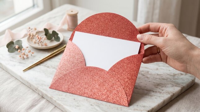 Glitter Coral Envelope with White Card Held by Hand on Marble Surface for Wedding Invitation