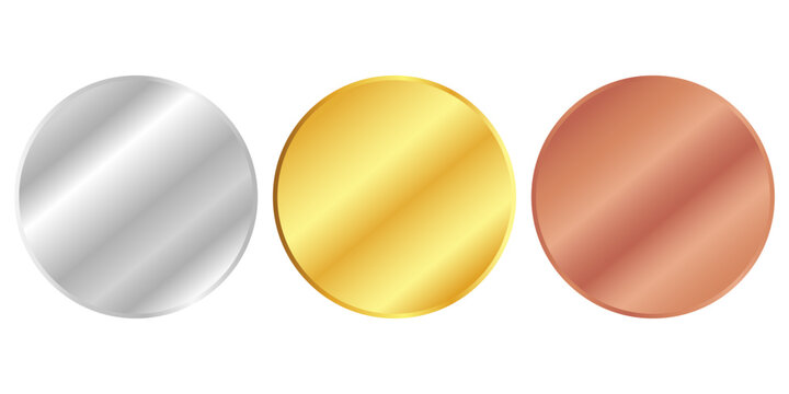 Award golden, silver and bronze blank medals 3d vector realistic illustration. First, second and third place medals or buttons isolated on white background. Quality blank, empty badge, emblem set.