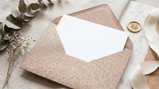 Elegant Gold Glitter Envelope with White Card and Dried Flowers for Wedding Invitation