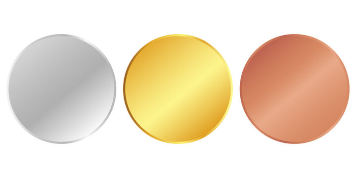 Award golden, silver and bronze blank medals 3d vector realistic illustration. First, second and third place medals or buttons isolated on white background. Quality blank, empty badge, emblem set.