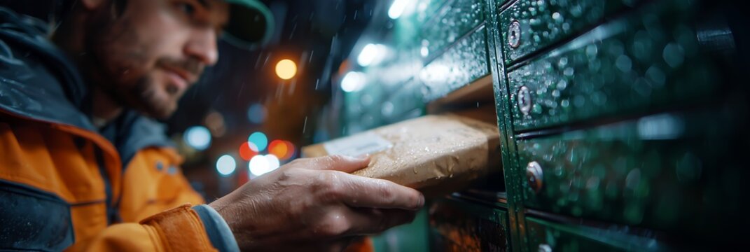 Rainy night parcel delivery with courier locking package into street pickup locker