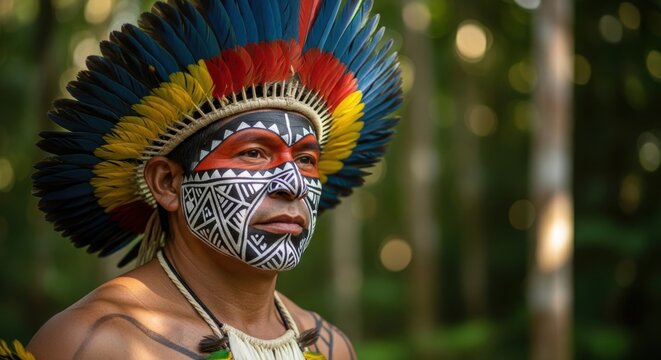 Profile portrait of Kayapo man, resolute expression, Brazil, wearing tribal body paint and ceremonial feather headdress, forest background