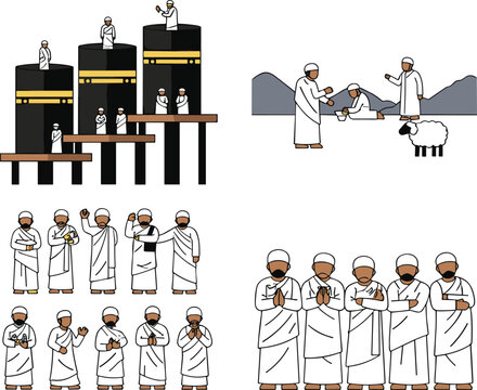 Hajj pilgrimage rituals vector illustration set with Muslim pilgrims praying, performing tawaf and sacrifice, Islamic religious practices collection isolated on white background