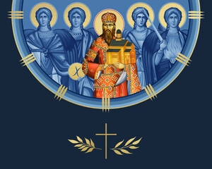 Fototapeta premium Saint Stefan Urosh I and four cardinal points (Archangel Gabriel, Uriel, Raphael and Michael). Illustration in Byzantine style isolated