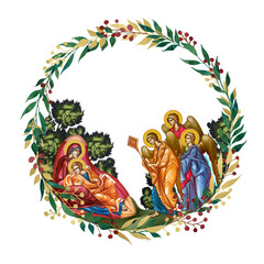 Fototapeta premium Jesus Christ Eye of Providence. Decorative vintage floral wreath, illustration in Byzantine style isolated