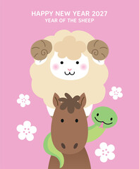 Obraz premium Cute zodiac sheep with zodiac horse and snake. Year of the Sheep 2027 celebration card template with cartoon animals from chinese zodiac.
