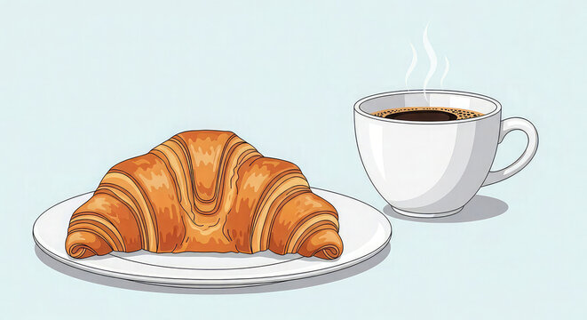 A steaming cup of coffee and a flaky croissant on a plate