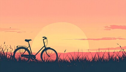 Fototapeta premium Serene bicycle silhouette against a vibrant orange and pink sunset sky with tall grass, evoking peaceful outdoor adventures and summer evenings