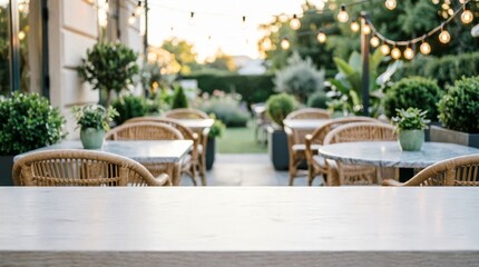 Obraz premium Outdoor Cafe Terrace with String Lights and Greenery for Web Design