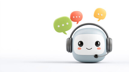 Fototapeta premium Cute robot assistant with headset and colorful speech bubbles