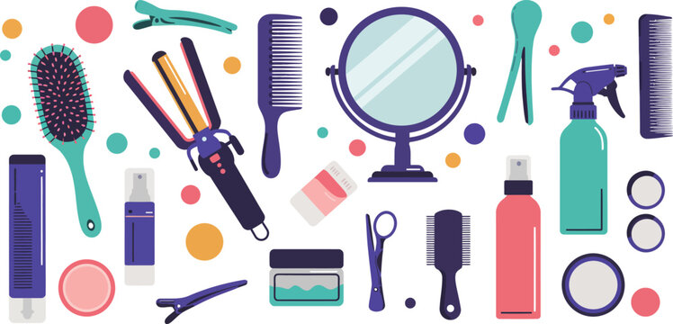 Colorful assortment of hair care and beauty tools on white background with colorful spots