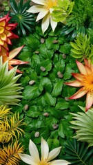 Fototapeta premium A colorful arrangement of various flowers, foliage, and cactus on green surface.