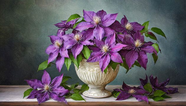 Vibrant purple clematis flowers in a classic fluted ceramic vase
