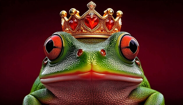 Red-eyed tree frog wearing a golden crown with red heart jewels, digital art