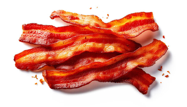 Slices of crispy fried bacon strips isolated on white background