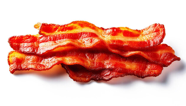 Slices of crispy fried bacon strips isolated on white background