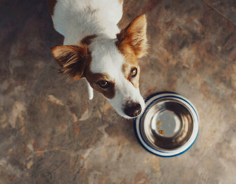 Close-up of a Mixed-Breed Rescue Dog Looking Up Next to an Empty Metal Bowl