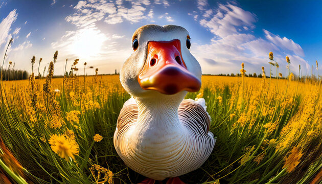 Close up portrait of a funny white goose in a field of yellow flowers