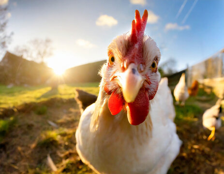 Curious White Hen Facing Camera Close-up on a Sunny Farm
