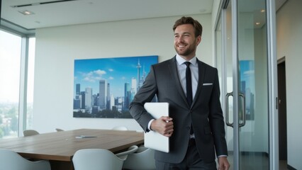 Fototapeta premium Businessman holding a slide, ready to give an important presentation in a corporate office setting.