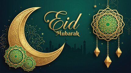 Elegant Eid Mubarak greeting card with golden crescent moon and ornate hanging lantern design on dark emerald green background for Islamic holiday festive celebration vector art. © SWEET
