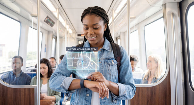 smiling woman in denim jacket using a holographic map on her smartwatch while commuting on a train as concept of futuristic navigation technology and smart wearable devices in public transportation