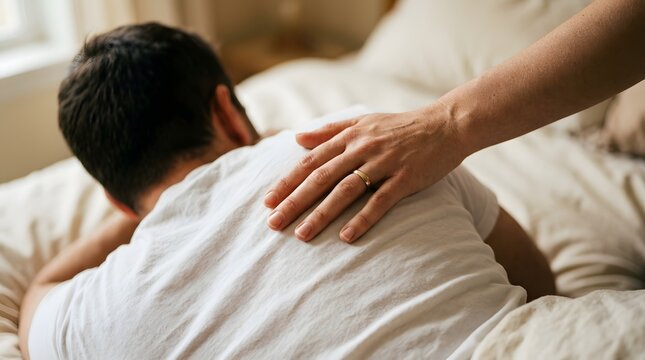 Supportive hand with wedding ring on back of a man lying on bed, comfort and relationship concept.