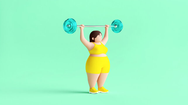 Asian female cartoon lifting barbells in bright yellow workout outfit on mint green background
